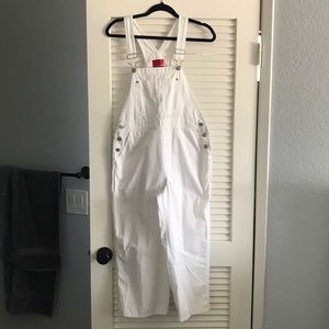 White denim Capri length overalls